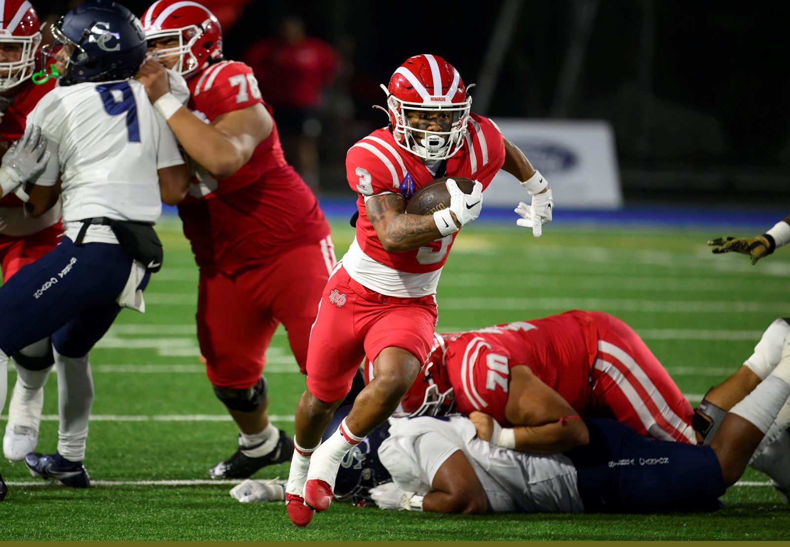 Mater Dei running back Ajon Bryant finds an opening and sprints toward the end zone to score against Sierra Canyon in the first quarter in the CIF-SS Division 1 semifinal in Santa Ana on Friday